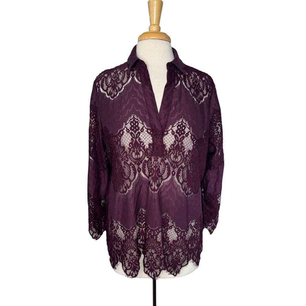 Dark Purple Gothic Lace Collared Sheer Top Size XL Womens Wide Sleeve